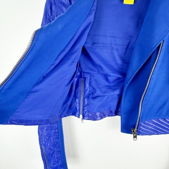 Catherine Malandrino Yellow Label Blue Lambskin & Rayon Cropped Moto Jacket Sz 2 - Picture 5 of 8